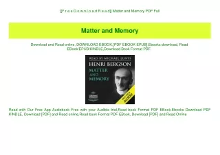 [[F.r.e.e D.o.w.n.l.o.a.d R.e.a.d]] Matter and Memory PDF Full