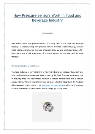 how pressure sensors work in food and beverage