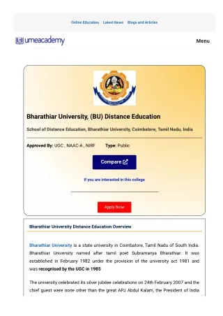 Bharathiar University Courses and Fees