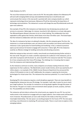 public relations for nfts