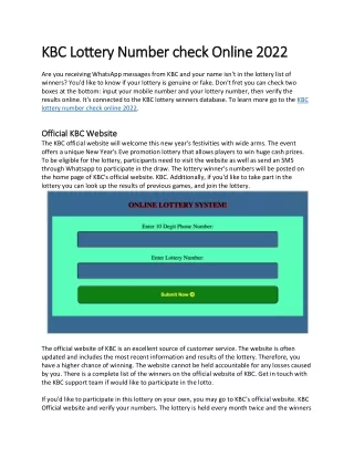 kbc lottery number check online 2022 kbc lottery