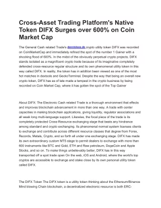 Cross-Asset Trading Platform's Native Token DIFX Surges over 600% on CoinMarketC