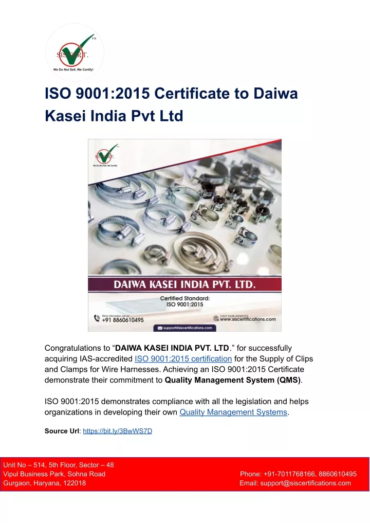 iso 9001 2015 certificate to daiwa kasei india