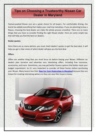 Tips on Choosing a Trustworthy Nissan Car Dealer in Maryland