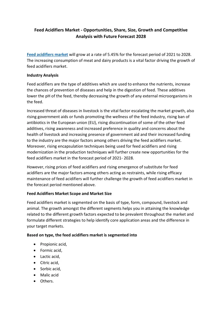 feed acidifiers market opportunities share size