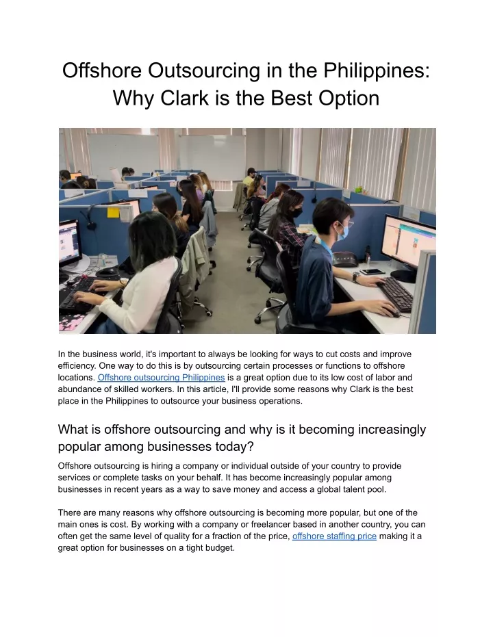 offshore outsourcing in the philippines why clark