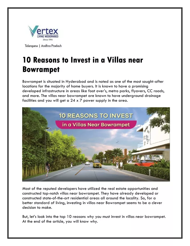 10 reasons to invest in a villas near bowrampet