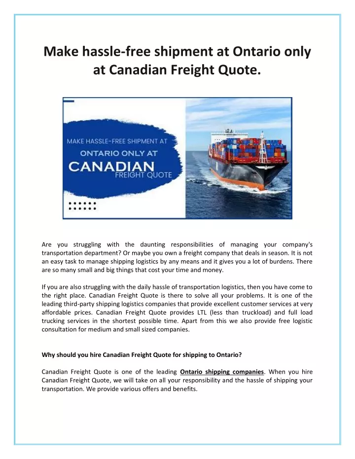 make hassle free shipment at ontario only