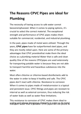 The Reasons CPVC Pipes are ideal for Plumbing
