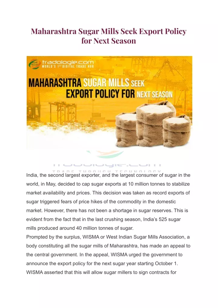 maharashtra sugar mills seek export policy