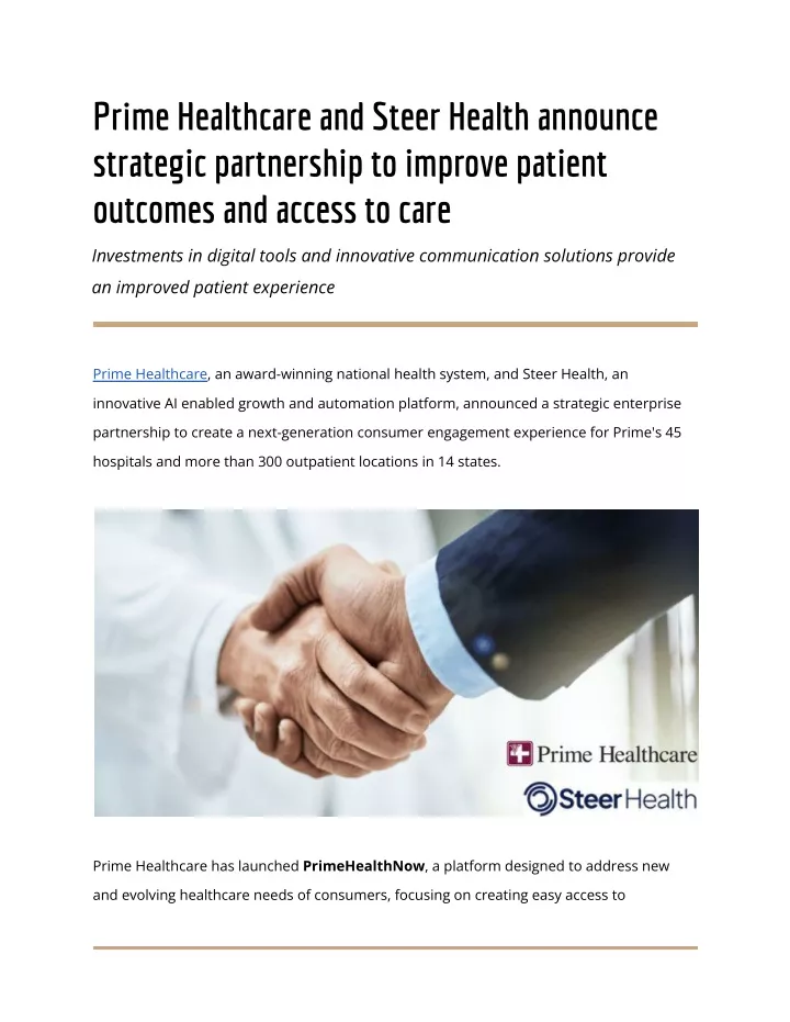 prime healthcare and steer health announce