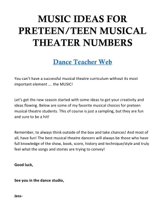 Dance Teacher - Music Ideas for Preteen / Teen Musical Theater Numbers