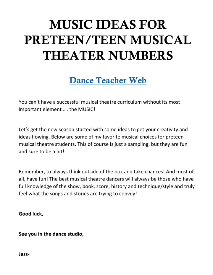 music ideas for preteen teen musical theater