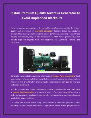Install Premium Quality Australia Generator to Avoid Unplanned Blackouts