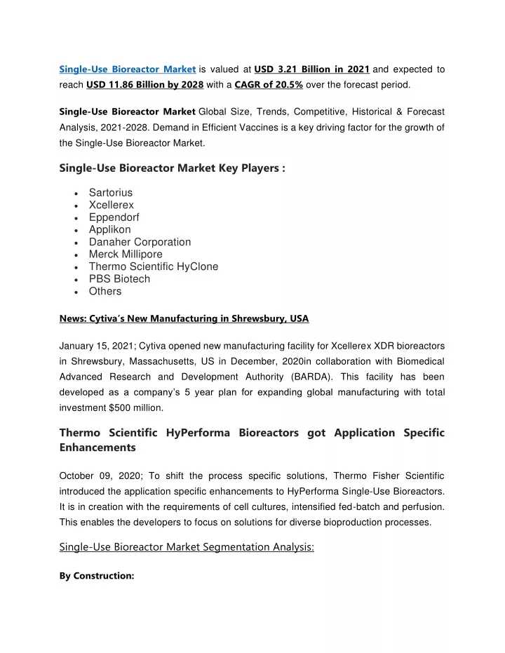 single use bioreactor market is valued