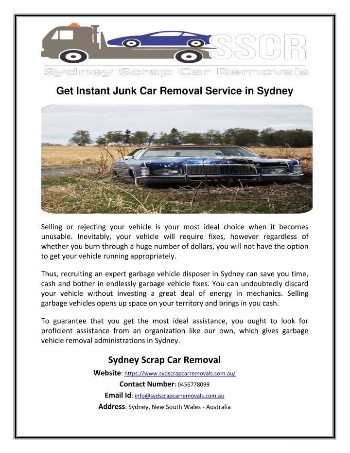 get instant junk car removal service in sydney