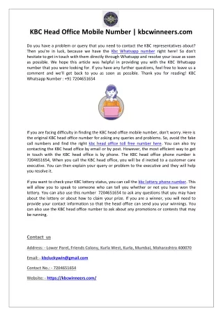 kbc head office mobile number kbcwinneers com