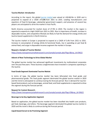 Taurine Market Size to Observe Steady Growth