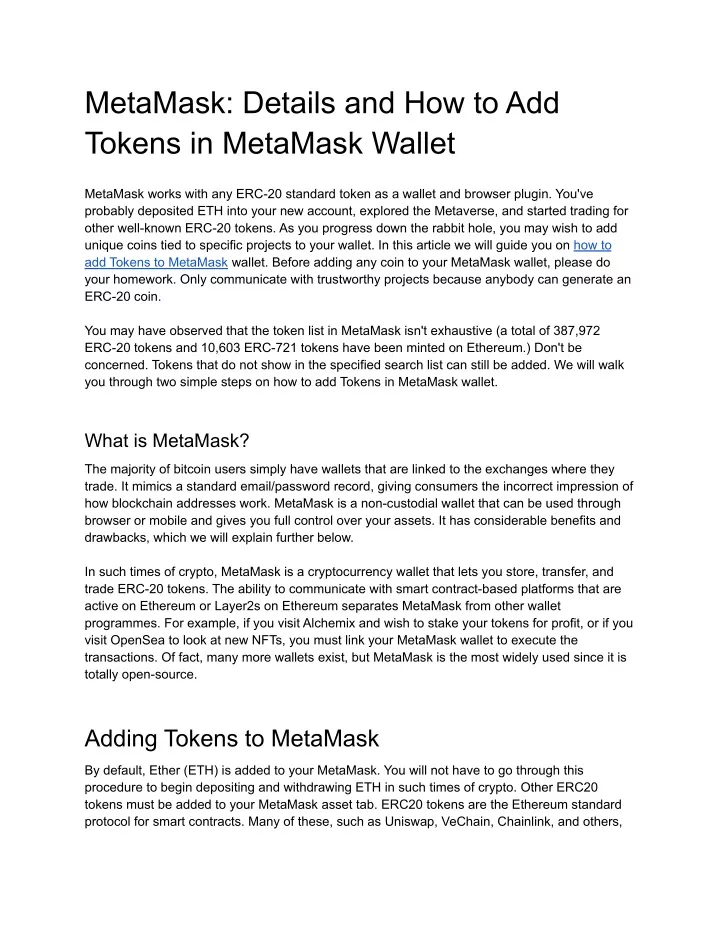 metamask details and how to add tokens