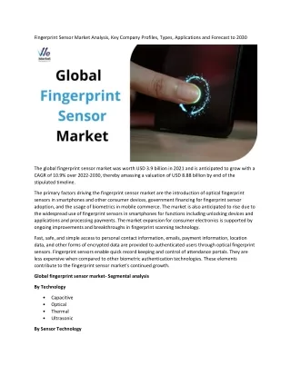 Fingerprint Sensor Market 2022 Key Players Data and Industry Analysis