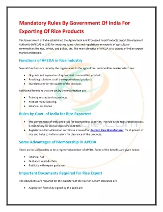 Mandatory Rules By Government Of India For Exporting Of Rice Products