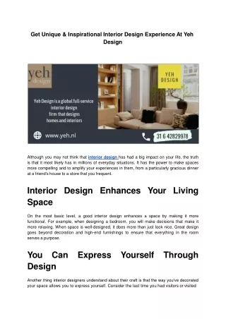 Get Unique & Inspirational Interior Design Experience At Yeh Design.ppt