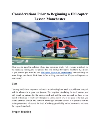 Considerations Prior to Beginning a Helicopter Lesson Manchester