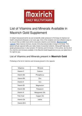 List of Vitamins and Minerals Available in Maxirich Gold Supplement