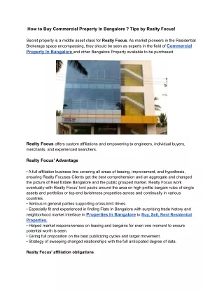How to Buy Commercial Property In Bangalore ? Tips by Realty Focus!