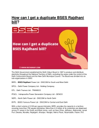 How can I get a duplicate BSES Rajdhani bill?