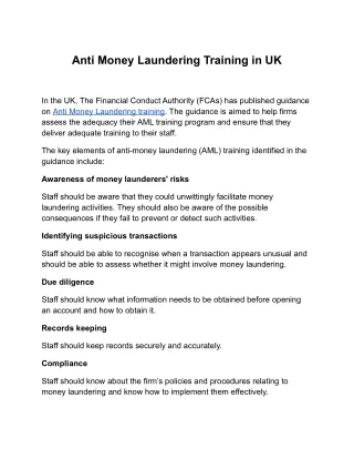 Anti Money Laundering Training in UK