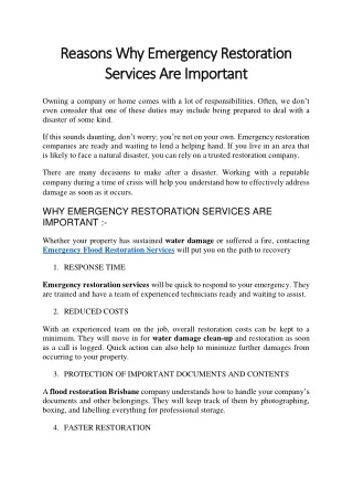 Reasons Why Emergency Restoration Services Are Important