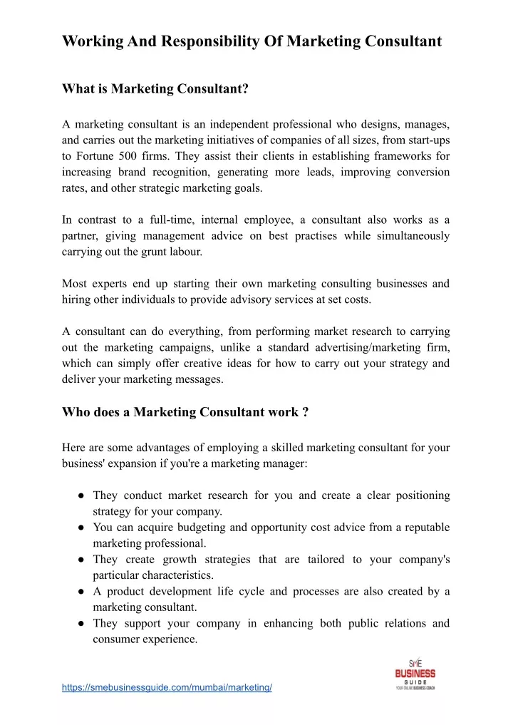working and responsibility of marketing consultant