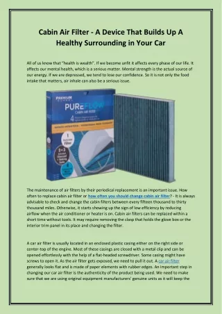 Cabin Air Filter - A Device That Builds Up A Healthy Surrounding in Your Car