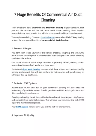7 Huge Benefits Of Commercial Air Duct Cleaning