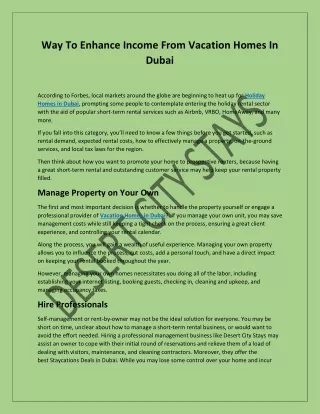 Way To Enhance Income From Vacation Homes In Dubai