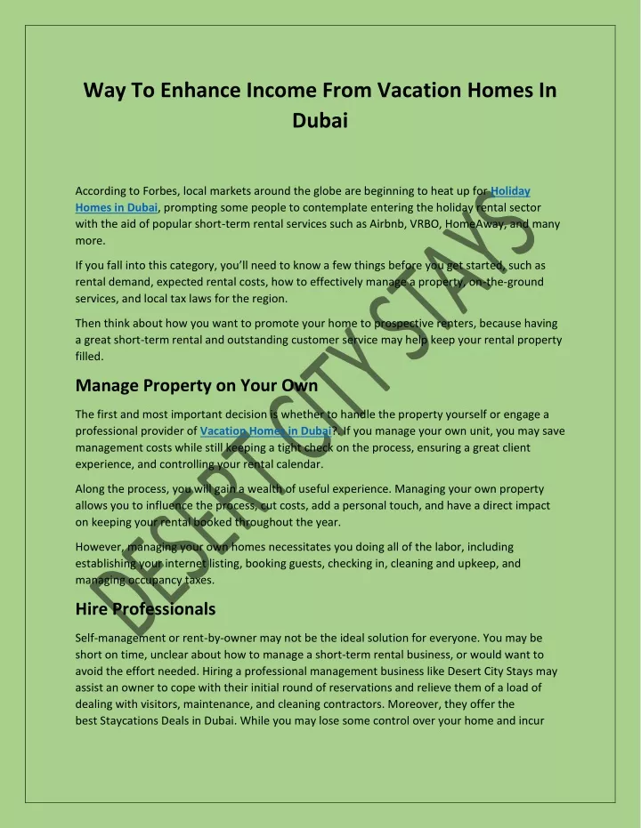 way to enhance income from vacation homes in dubai