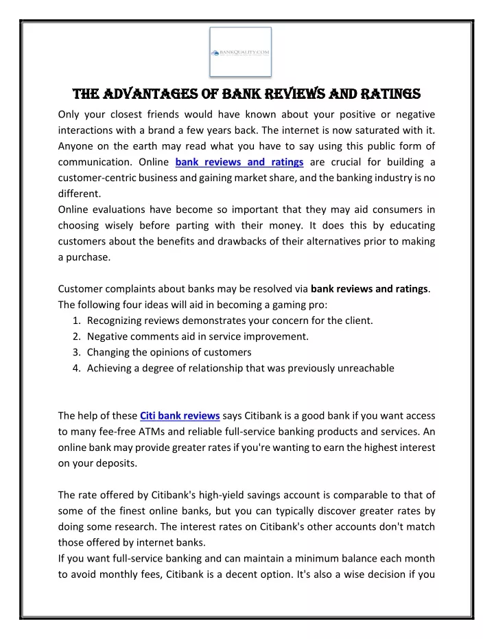 the advantages of bank reviews and ratings