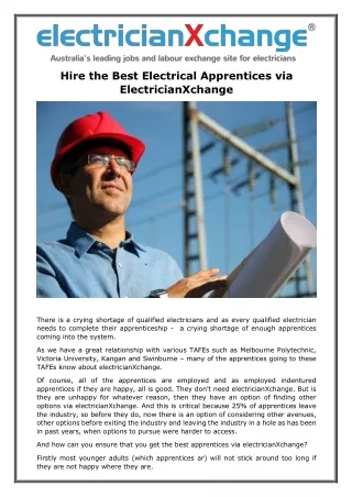 Hire the Best Electrical Apprentices via ElectricianXchange