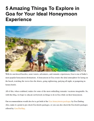 5 Amazing Things To Explore in Goa for Your Ideal Honeymoon Experience