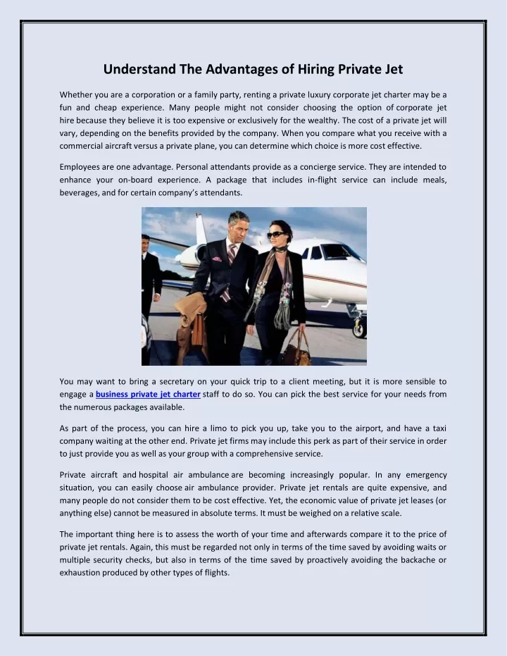understand the advantages of hiring private jet