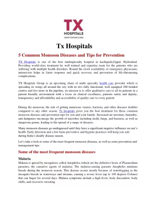 5 Common Monsoon Diseases and Tips for Prevention |Tx Hospital hyderabad