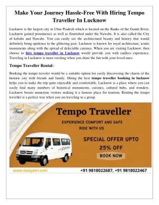 Make Your Journey Hassle-Free With Hiring Tempo Traveller In Lucknow