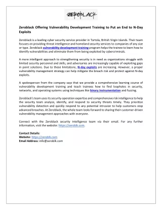 Zeroblack Offering Vulnerability Development Training to Put an End to N-Day