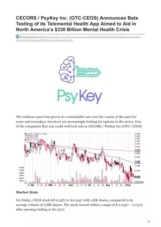 CECORS  PsyKey Inc OTCCEOS Announces Beta Testing of its Telemental Health App Aimed to Aid in North