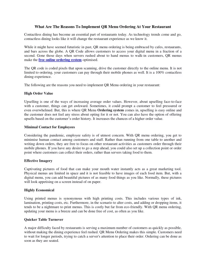 what are the reasons to implement qr menu