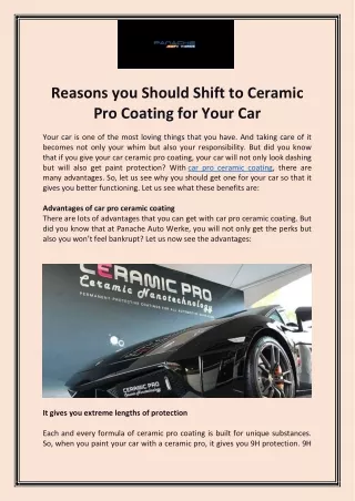 Reasons you Should Shift to Ceramic Pro Coating for Your Car