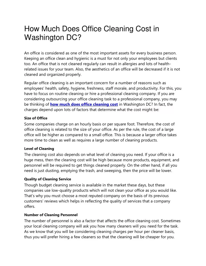 how much does office cleaning cost in washington