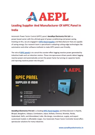 Leading Supplier And Manufacturer Of APFC Panel in India