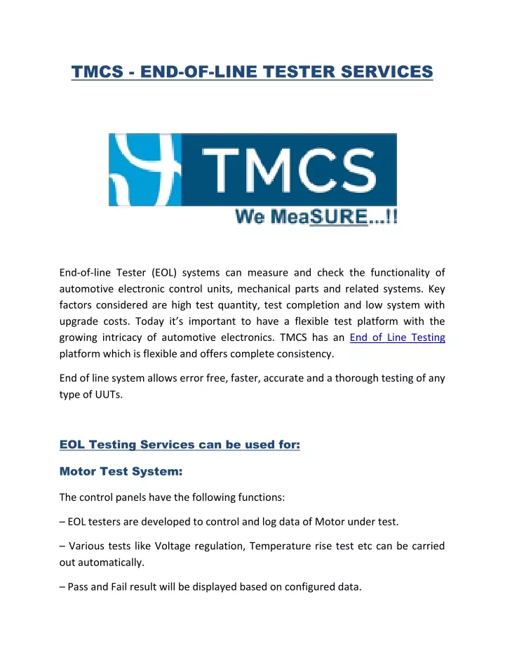 tmcs end of line tester services